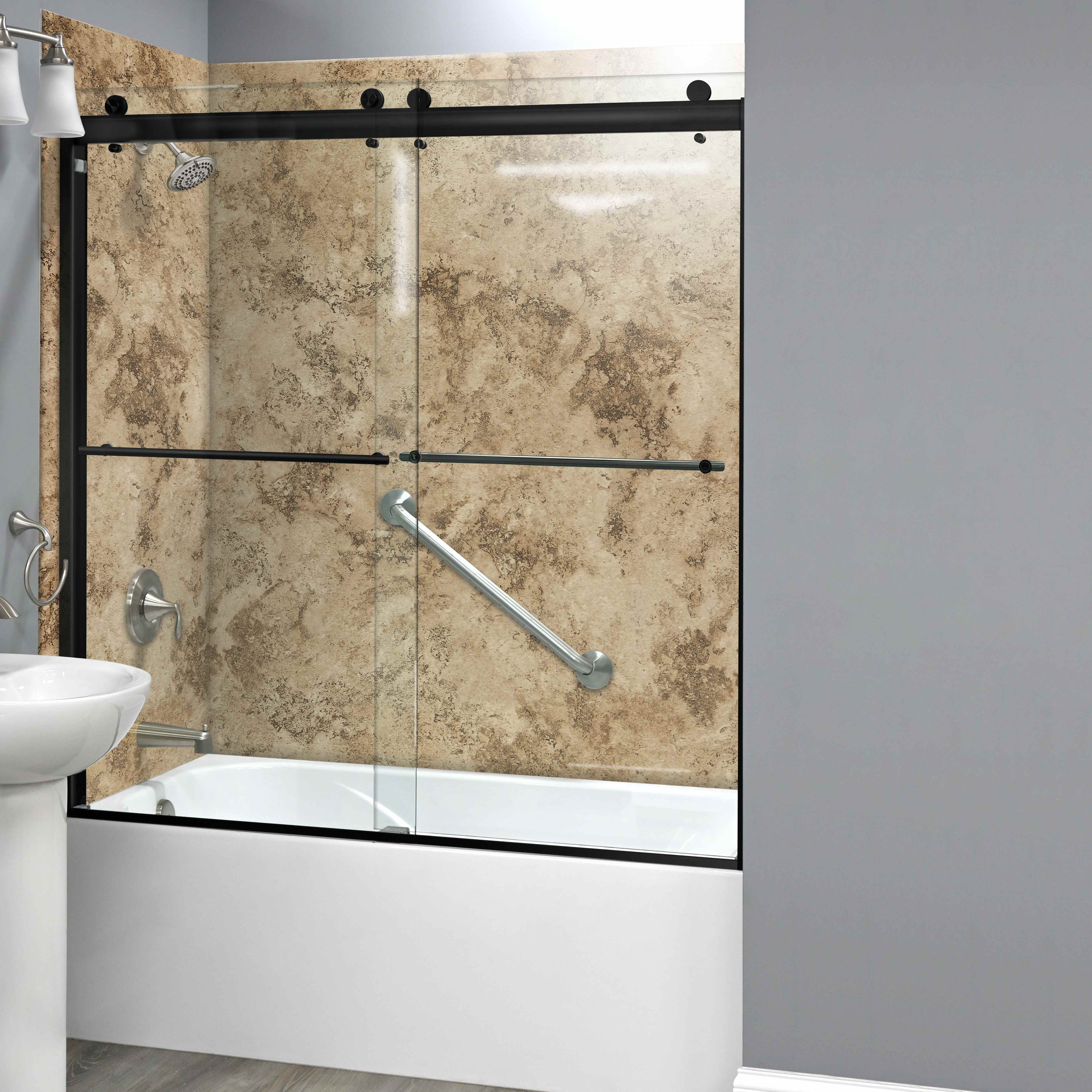 Stone-look tub and shower combo with black sliding doors