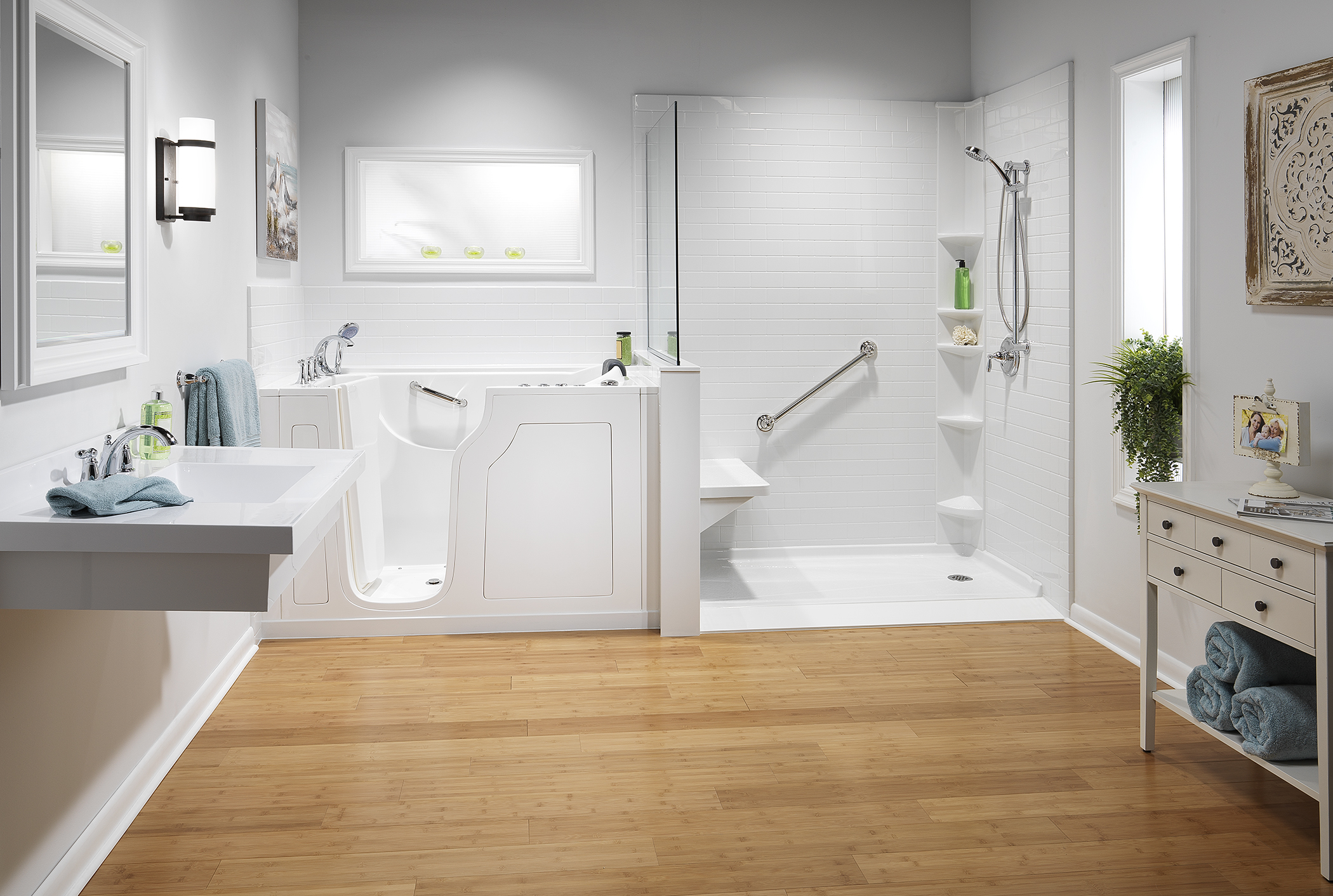 Walk-in tub and shower combination with accessibility features